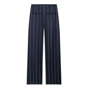 Back view of elegant navy blue pinstripe straight-leg trousers with two back pockets