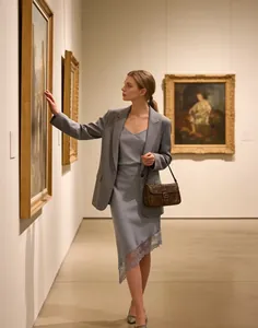 Elegante falda midi asimétrica de satén azul con encaje en una galería de arte