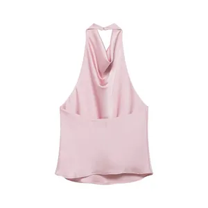Detailed macro view of pink satin halter top with elegant cowl neck drape.