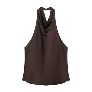 Detailed front view of a chocolate brown silk satin halter neck backless cowl top