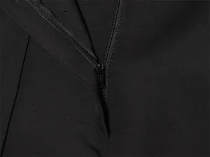 Close-up view of the hidden zipper closure detail on a black woven fabric vest and shorts set