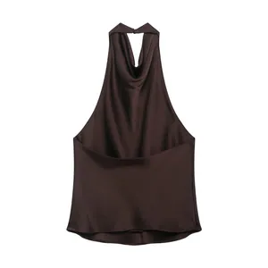 Detailed view of dark brown satin halter top featuring a sophisticated draped neckline.