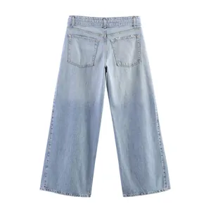 Detailed back view of light blue loose-fit wide-leg denim jeans with classic patch pockets