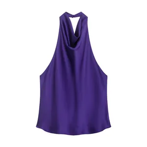 Elegant purple satin halter neck backless top featuring a chic cowl neck draping