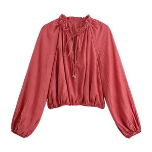 Front view of wrinkled terracotta long-sleeved cropped blouse with ruffled neck and tie