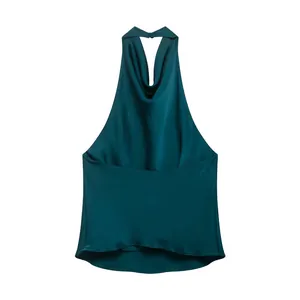 Elegant dark teal satin halter neck top featuring a sexy draped cowl backless design