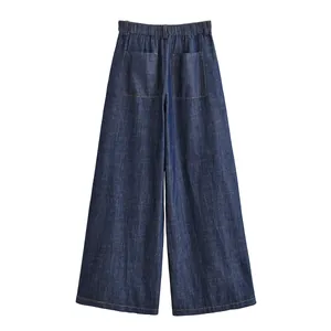 Detailed back view of dark blue high-waist wide-leg denim jeans with two pockets