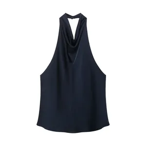 Elegant navy blue satin halter neck backless top with draped front and smooth finish
