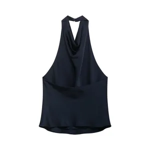 Elegant navy blue satin halter neck top with silk texture and backless design details