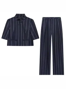 Women Pinstripe Short Sleeve Crop Top And High Waist Straight Leg Bottom Navy Blue Woven Casual Fashion Suit