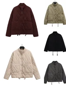 Giacca Trapuntata da Donna con Collo Rialzato Cappotto Imbottito Tinta Unita Grandi Tasche Coulisse Manica Lunga Autunno Inverno Top
