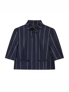 Elegant navy blue pinstripe short jacket with stand collar and single button detail