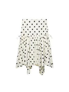 Elegante falda midi blanca de lunares con cordones y dobladillo con volantes