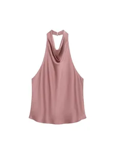 Elegant dusty rose silk satin halter neck top featuring a cowl neck and backless design