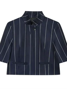 Elegant navy blue pinstriped cropped jacket with short sleeves and a high collar