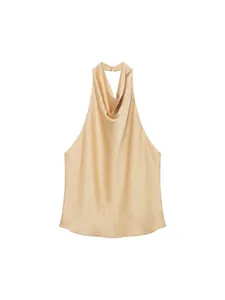 Elegant champagne gold satin halter top featuring a stylish cowl neck and backless design.
