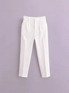 Pantalon de costume décontracté blanc élégant à taille haute pour femme, vue à plat