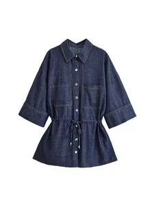Stylish dark blue denim shirt jacket with drawstring waist and classic turn-down collar