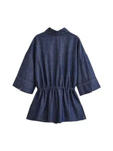 Stylish women's dark blue denim lapel shirt featuring 3/4 sleeves and a gathered waist.
