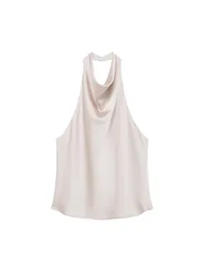 Elegant champagne silk satin halter neck backless top for women stylish evening wear