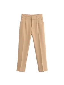 Élégant pantalon de costume kaki à taille haute pour un look minimaliste chic