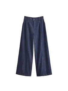 High-waisted wide-leg denim trousers with vertical seams in deep indigo blue
