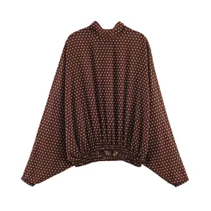 Elegante braune Langarmbluse mit Punkten, Stehkragen und elastischem Saum für Damen