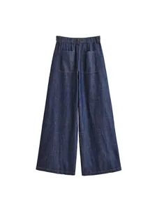 Dark blue wide-leg denim pants for women featuring a comfortable back elastic waist