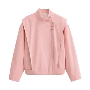 Pink stand-up collar jacket with diagonal buttons and shoulder flap overlays.