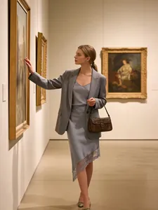 Elegante falda midi de satén azul grisáceo con dobladillo de encaje asimétrico en galería