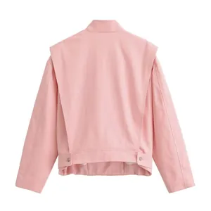 Back view of a stylish pink stand collar jacket for women with unique layered design