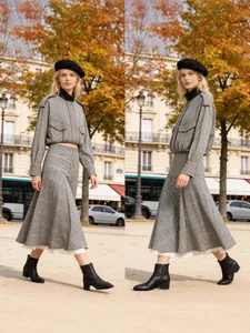 Women Retro Plaid Bomber Jacket And Midi Skirt Top And Bottom Set Long Sleeve Houndstooth Outfit For Office Daily Wear