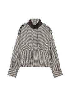 Stylish vintage gingham bomber jacket featuring a stand collar and large chest flap pockets