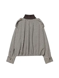 Retro black and white gingham bomber jacket with a brown high collar and shoulder straps