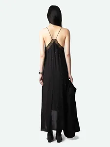Elegant black rhinestone long camisole dress with French lace trim detailing