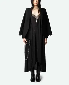 Elegant French style black rhinestone slip dress with irregular hem and delicate lace V-neck