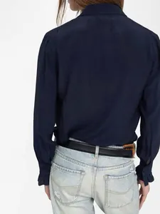 Navy blue satin blouse made of soft island silk fabric featuring an elegant back view