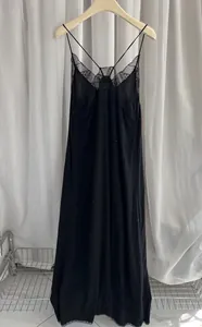 Elegant black lace slip dress with rhinestones and high-low hem French style