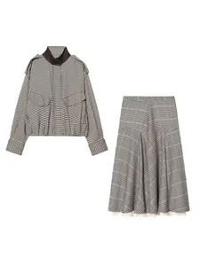 Retro black and white gingham bomber jacket and A-line midi skirt set for women