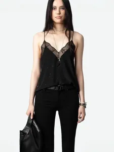French Style Women Romantic Black Viscose Diamante Lace Trim V-Neck High-Low Hem Slip Midi Dress Elegant Party Outfits