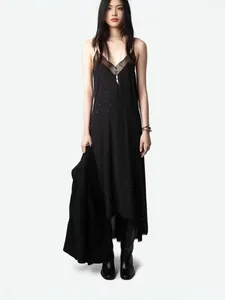 Elegant black rhinestone slip dress with a high-low hem and lace trim detailing
