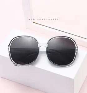 Detail view of retro oversized round sunglasses with clear grey frames and UV protection