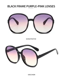 Retro oversized round sunglasses for women with purple gradient lenses and black frame