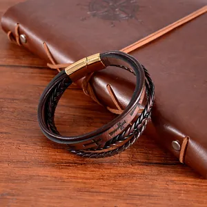 Bracelet tressé en cuir fait main vintage avec motifs de croix et fermoir doré