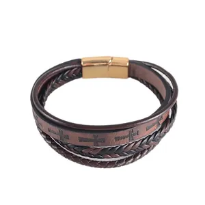 Bracelet tressé rétro en cuir véritable fait main avec motifs de croix et fermoir en alliage