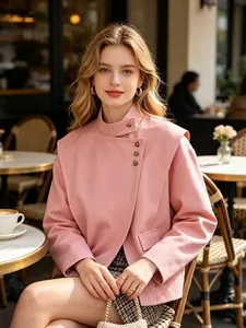Elegant pink stand collar jacket with diagonal buttons and a soft matte finish