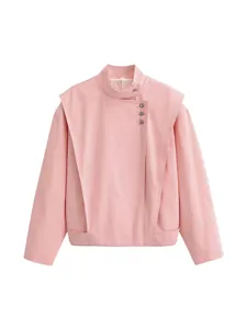 Elegant pink faux leather jacket for women featuring asymmetric buttons and stand collar
