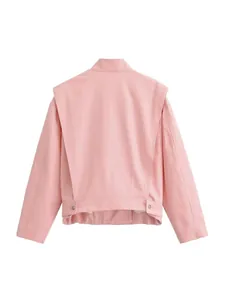 Trendy pink stand collar jacket for women with unique back flap and button details