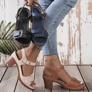 Detailed view of four colors of women's peep-toe chunky heel sandals in Roman style