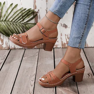 Brown chunky heel sandals with peep toe and adjustable Velcro ankle strap